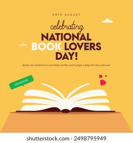 National Book Lovers day. 9th August National Book Lovers day celebration banner, post with book source of knowledge