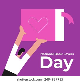 National Book Lovers Day. August 9. Holiday concept with man and book. Template for background, banner, card, poster with text inscription. Flat vector illustration.