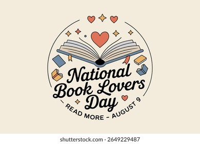 Crachá nacional do dia dos amantes do livro com coração de livro aberto e estrelas para a leitura de 9 de agosto e celebração da alfabetização
