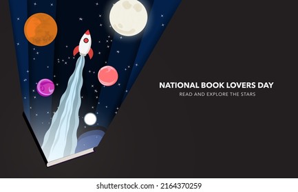 National Book Lover's Day Banner Concept. Galaxy bursting from book cover. Spaceship in space, planets, stars. Paper art and origami design. National Book Lovers Day. Vector Illustration. Copy space.