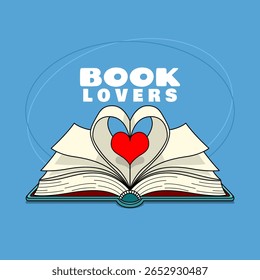 National Book Lovers Day to celebrate on August 9th. An open book with a center sheet forming a heart on a sky blue background. Educational concept banner