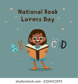 Ilustración del Día Nacional de los Amantes del Libro. Icono de lector de niñita. Niña afroamericana leyendo un ícono de libro. Dulce bebé con personaje de caricatura. Afiche del Día de los Amantes del Libro, 9 de agosto