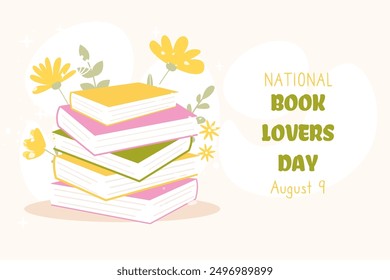National Book lovers day on August 9. Vector illustration in flat cartoon style. Stack of books with flowers and leaves. Perfect for horizontal banner, poster, website, card and so on