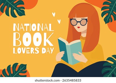 Cartaz do Dia Nacional dos Amantes do Livro com a menina lendo um livro ilustração vetor plana.