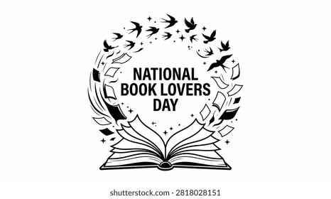 National book lovers day vector illustration with an open book and flying birds and pages, creating a magical atmosphere of stories, imagination, and literary freedom.