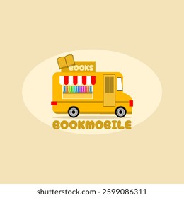 National Bookmobile Day to celebrate on April. Illustration of a yellow car filled with educational books on bright yellow background.