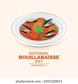 National Bouillabaisse Day poster vector illustration. Plate of bouillabaisse fish soup icon vector. French seafood soup with mussels, shrimp and fish drawing. December 14. Important day