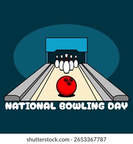 National Bowling Day is celebrated on the second Saturday in August. A sports arena with bowling balls and pins neatly arranged on a dark turquoise background. A sports event banner.