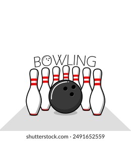 Anuncio deportivo del Día Nacional del Bowling. Bola de boliche con alfileres sobre fondo blanco para celebrar en agosto