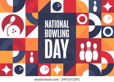 Día Nacional del Bowling. Concepto de Festiva. Plantilla para fondo, Anuncio, tarjeta, cartel con inscripción de texto. Ilustración del Vector EPS10