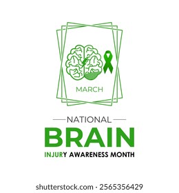 National Brain Injury Awareness Month is March Banner design template. Green ribbon with Human brain and stethoscope vector isolated on a white green colour background.