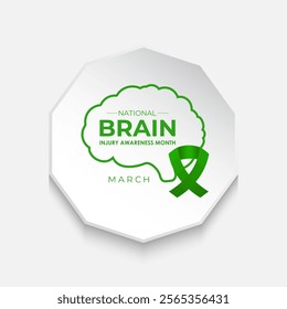 National Brain Injury Awareness Month is March Banner design template. Green ribbon with Human brain and stethoscope vector isolated on a white green colour background.