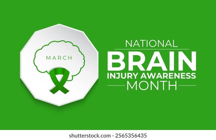 National Brain Injury Awareness Month is March Banner design template. Green ribbon with Human brain and stethoscope vector isolated on a white green colour background.