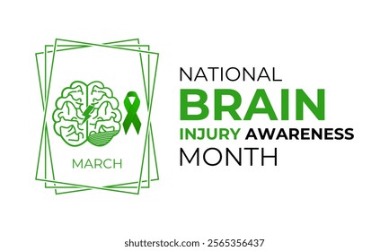 National Brain Injury Awareness Month is March Banner design template. Green ribbon with Human brain and stethoscope vector isolated on a white green colour background.