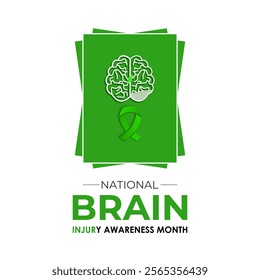 National Brain Injury Awareness Month is March Banner design template. Green ribbon with Human brain and stethoscope vector isolated on a white green colour background.