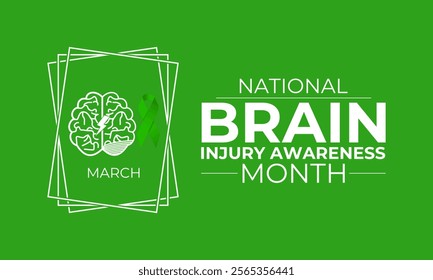 National Brain Injury Awareness Month is March Banner design template. Green ribbon with Human brain and stethoscope vector isolated on a white green colour background.