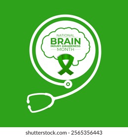 National Brain Injury Awareness Month is March Banner design template. Green ribbon with Human brain and stethoscope vector isolated on a white green colour background.