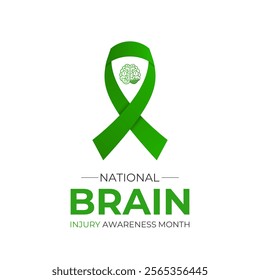 National Brain Injury Awareness Month is March Banner design template. Green ribbon with Human brain and stethoscope vector isolated on a white green colour background.