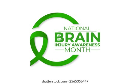 National Brain Injury Awareness Month is March Banner design template. Green ribbon with Human brain and stethoscope vector isolated on a white green colour background.