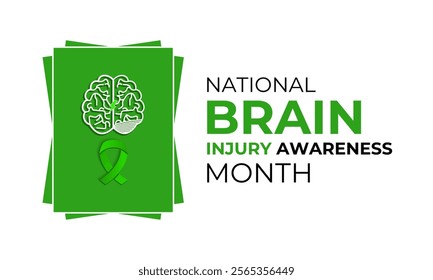 National Brain Injury Awareness Month is March Banner design template. Green ribbon with Human brain and stethoscope vector isolated on a white green colour background.