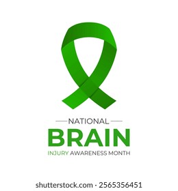 National Brain Injury Awareness Month is March Banner design template. Green ribbon with Human brain and stethoscope vector isolated on a white green colour background.