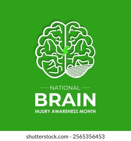 National Brain Injury Awareness Month is March Banner design template. Green ribbon with Human brain and stethoscope vector isolated on a white green colour background.