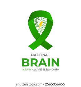 National Brain Injury Awareness Month is March Banner design template. Green ribbon with Human brain and stethoscope vector isolated on a white green colour background.