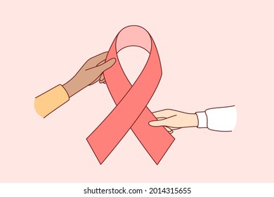 National Breast Cancer Awareness concept. Human Hands holding red ribbon as symbol of Breast Cancer Awareness vector illustration