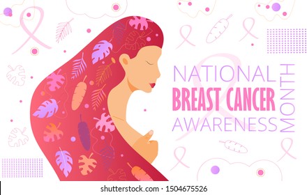 National Breast Cancer Awareness Month (NBCAM) celebrated in America. Annual international health campaign organized by breast cancer charities every October. Flat concept vector for banner, poster.