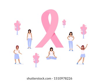 National Breast Cancer Awareness Month. A huge pink ribbon. Tiny women spend time in the park