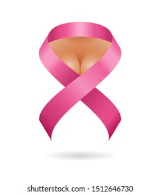 National Breast Cancer Awareness Month sign - pink satin ribbon wrapping woman body - isolated original vector icon - healthcare medical emblem
