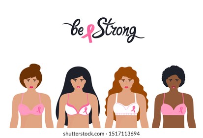 National Breast Cancer Awareness Month. A group of women of different nationalities in bras with a pink ribbon.