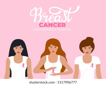 National Breast Cancer Awareness Month. A group of women in t-shirt with a pink ribbon.