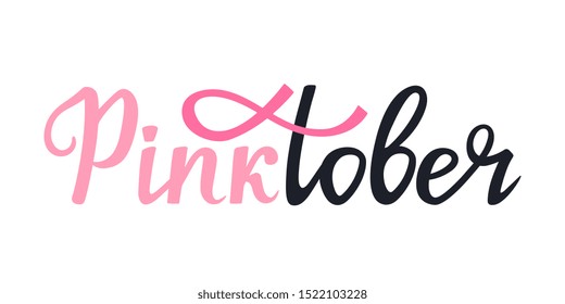 National Breast Cancer Awareness Month banner. Pinktober hand drawn lettering with ribbon