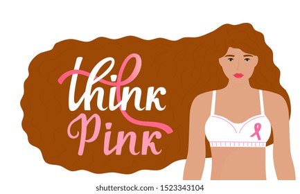 National Breast Cancer Awareness Month banner. Think Pink hand drawn lettering. A girl with long red hair in a bra with a pink ribbon.