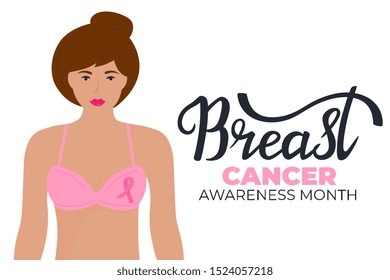 National Breast Cancer Awareness Month banner. A girl in a bra with a pink ribbon.