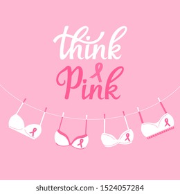 National Breast Cancer Awareness Month banner. Pink bras hanging on a rope. Think Pink hand drawn lettering.