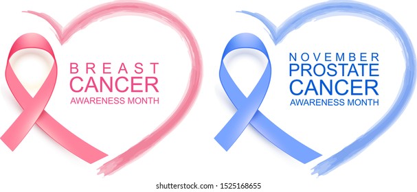 National breast cancer awareness month. Poster pink ribbon, text and heart shape. November prostate cancer awareness blue ribbon and heart symbol. Isolated on white vector illustration