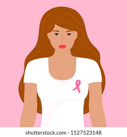 National Breast Cancer Awareness Month. A girl with long red hair in a T-shirt with a pink satin ribbon