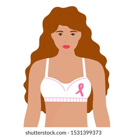 National Breast Cancer Awareness Month. A girl with red curly hair in a bra with a pink ribbon.