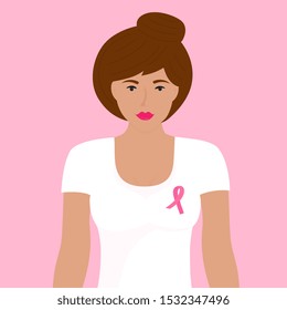 National Breast Cancer Awareness Month. A girl in a T-shirt with a pink satin ribbon