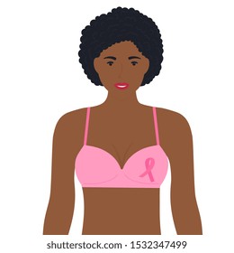 National Breast Cancer Awareness Month. An african american girl in a bra with a pink ribbon.