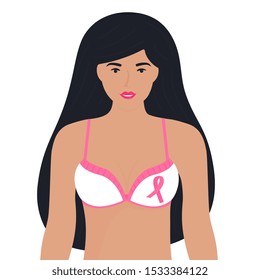National Breast Cancer Awareness Month. A girl with long black hair in a bra with a pink ribbon.