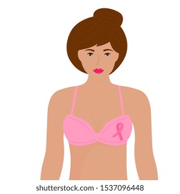 National Breast Cancer Awareness Month. A girl in a bra with a pink ribbon