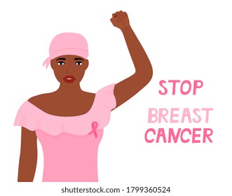 National Breast Cancer Awareness Month. African american woman was wearing a head scarf after chemotherapy and with a pink ribbon on T-shirt raised fist up.