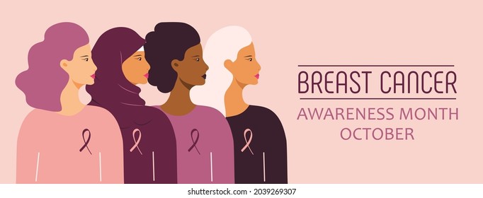 National Breast Cancer Awareness Month (NBCAM) celebrated in America. Annual international health campaign organized by breast cancer charities every October. Women profile flat vector.