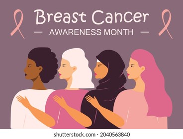 National Breast Cancer Awareness Month (NBCAM) celebrated in America. Annual international health campaign organized by breast cancer charities every October. Women profile flat vector.