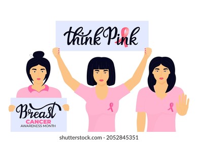 National Breast Cancer Awareness Month. A group of asian women with a pink ribbons