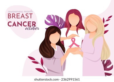 Mes nacional de concienciación sobre el cáncer de mama, tres mujeres sostienen una cinta rosa