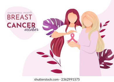 National Breast Cancer Awareness Month, two girls hold a pink ribbon